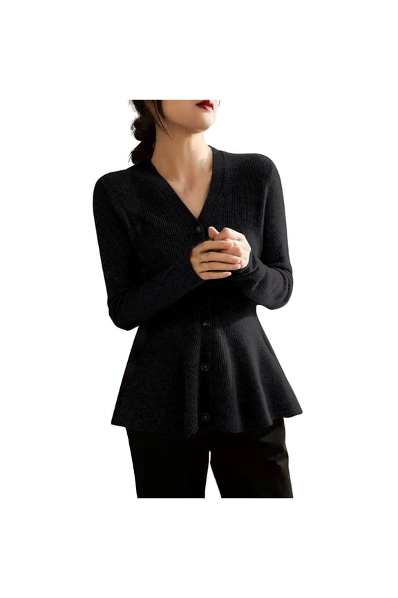 Women's V Neck Wool Blend Cardigan Peplum Hem Long Sleeve Slim Fit Knit For Various Occasions L Size Black