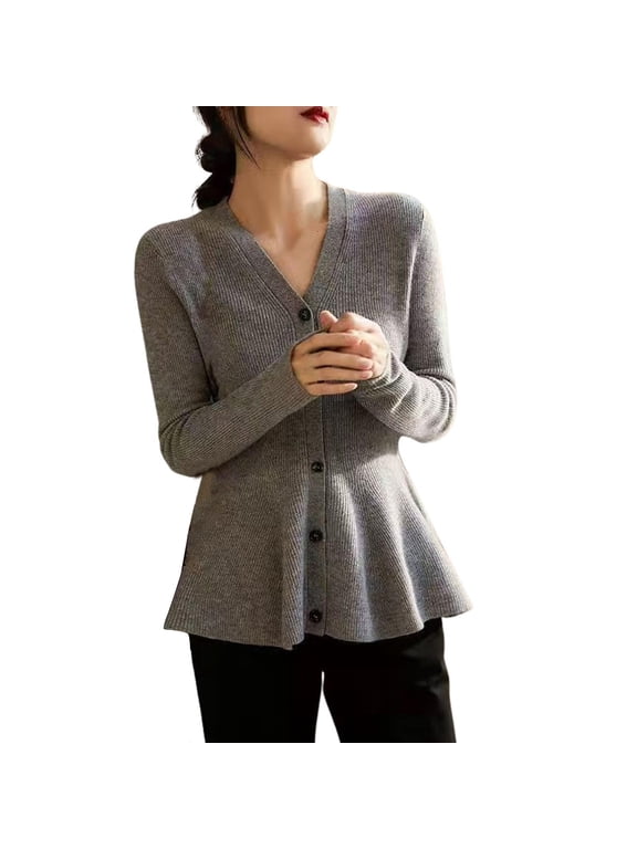 Women's V Neck Wool Blend Cardigan Peplum Hem Long Sleeve Slim Fit Knit For Various Occasions M Size Grey
