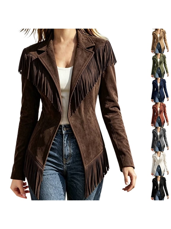Women's Versatile Open Front Suede Fringe Western Tassel Long Sleeve Cowboy Jacket Coat for Casual Country Concert and Everyday Wear