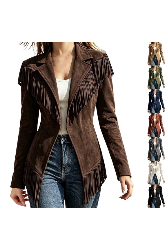 Women's Versatile Open Front Suede Fringe Western Tassel Long Sleeve Cowboy Jacket Coat for Casual Country Concert and Everyday Wear