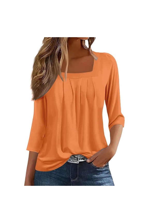 Women's Vintage Square Neck Pleated Top Flowy 3/4 Sleeve Casual Tee M Size Orange
