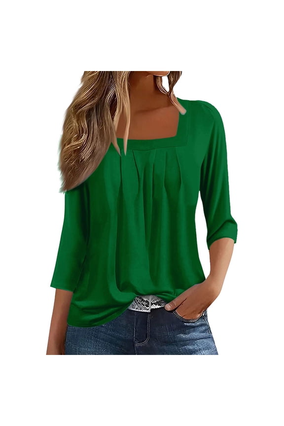 Women's Vintage Square Neck Pleated Top Flowy 3/4 Sleeve Casual Tee XXXL Size Green