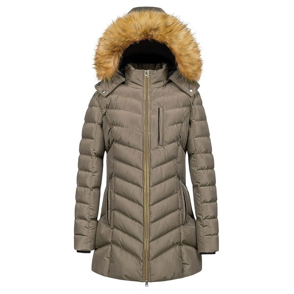 Breezora Women's Warm Winter Faux Down Hooded Mid Length Padded Coat Jacket for Cold Weather Outdoor Activities L Size Khaki