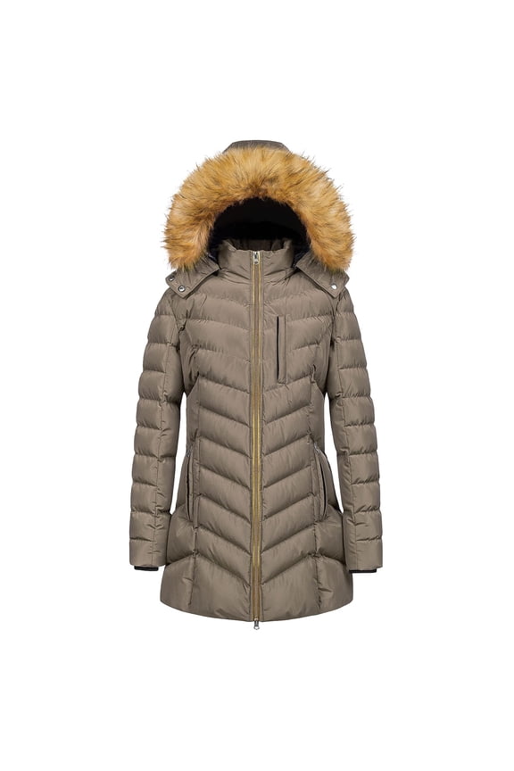 Women's Warm Winter Faux Down Hooded Mid Length Padded Coat Jacket for Cold Weather Outdoor Activities L Size Khaki