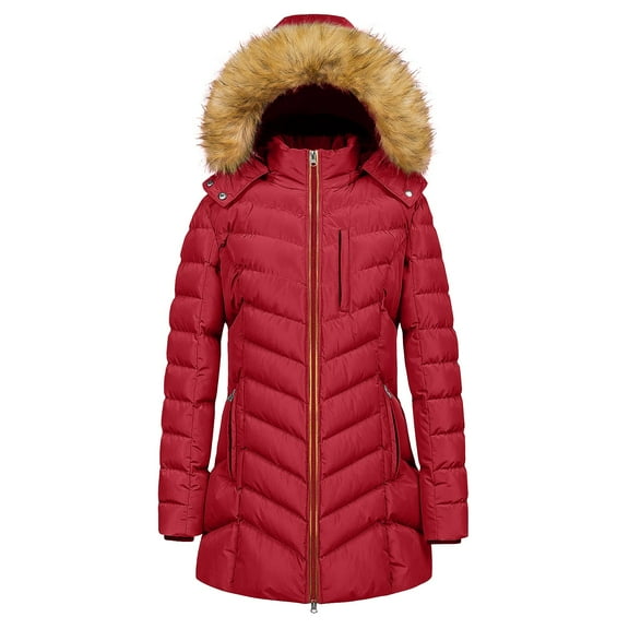 Breezora Women's Warm Winter Quilted Hooded Puffer Jacket Mid Length Outerwear for Daily Commute XXXXXL Size Wine