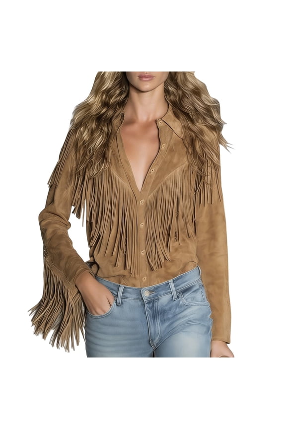 Women's Western Style Tassel Casual Shirt for a Boho Chic Look and Street Style Fashion XL Size Brown