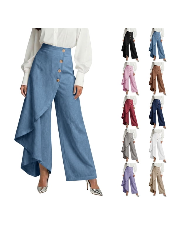 Asymmetrical Wrap Front Linen Pants for Women High Waist Wide Leg Summer Casual Streetwear Trousers