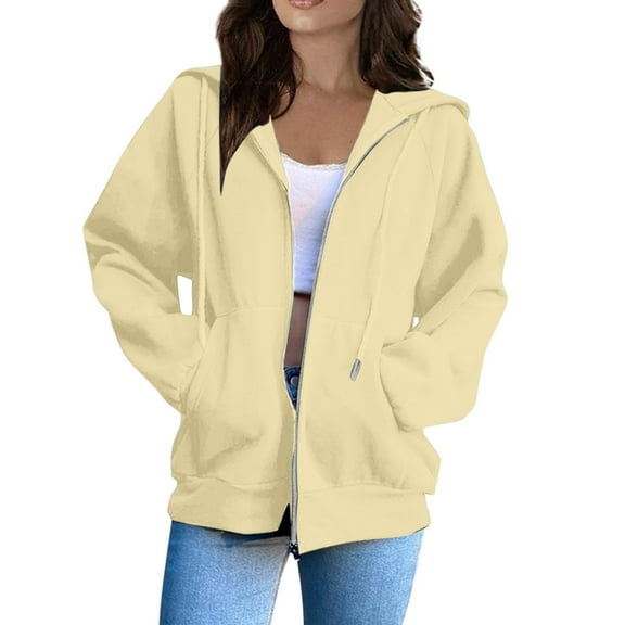 Breezora Women's Winter Cozy Long Sleeve Hooded Sweatshirt With Zipper Front Pocket Loose Fit Outerwear L Size Yellow