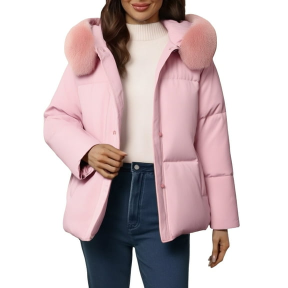 Breezora Women's Winter Hooded Puffer Coat with Faux Fur Trim Loose Fit Thermal Insulated Casual Long Jacket XL Size Pink