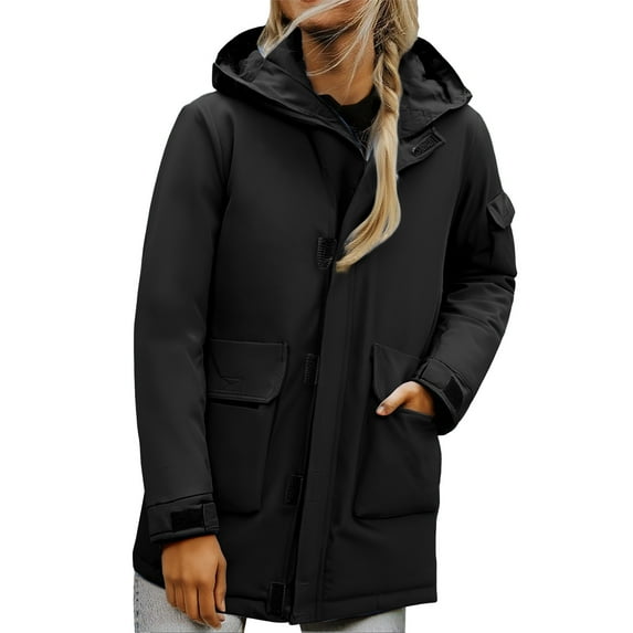 Breezora Women's Winter Hooded Puffer Jacket Thickened Warm Windproof Parka Coat With Multiple Pockets Outdoor L Size Black