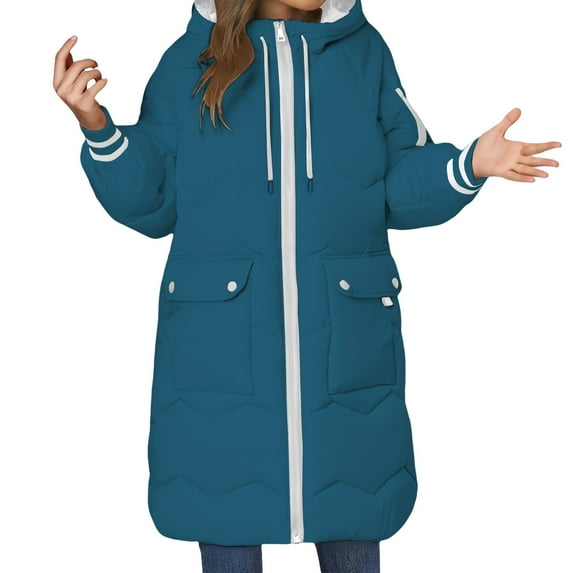 Breezora Women's Winter Thick Color Block Puffer Coat Mid Length Quilted Cotton Jacket L Size Blue