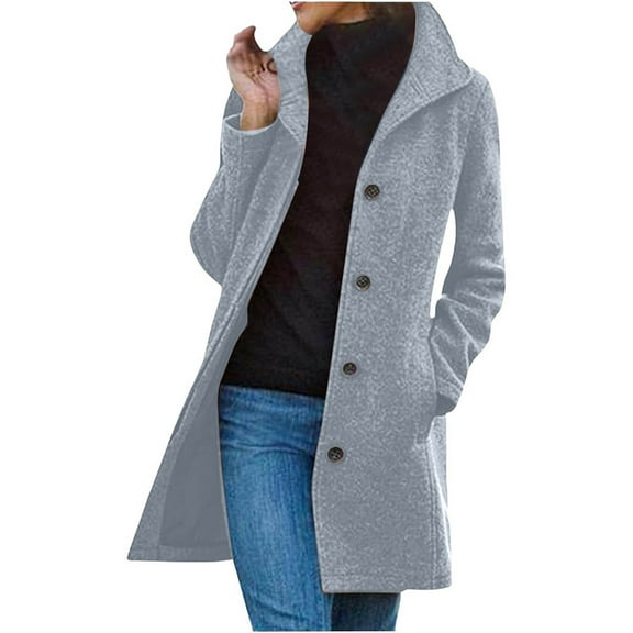 Breezora Women's Wool Blend Stand Collar Single Breasted Mid Long Coat Casual Retro Buttons M Size Light Ashy