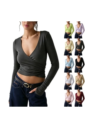 Women's Wrap V Neck Ruched T-Shirt Long Sleeve Slim Fit Top with Cross Front Design for Versatile Seasonal Wear