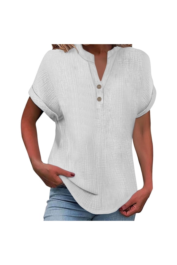 Women's Wrinkle Resistant V Neck Tee Casual Button Detail Rolled Sleeve Top L Size White