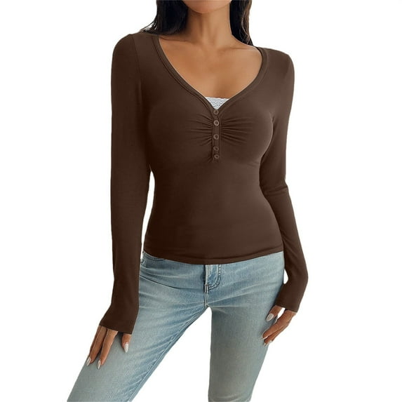 Breezora Women's Y2K Inspired Long Sleeve Lace Trim Blouse Slim Fit Open Collar Top for Vintage Style and Fashion Outfits M Size Brown