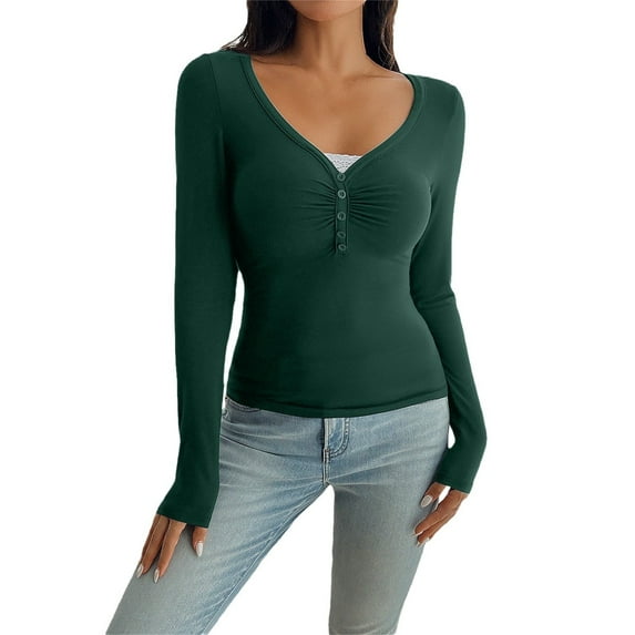 Breezora Women's Y2K Inspired Long Sleeve Lace Trim Blouse Slim Fit Open Collar Top for Vintage Style and Fashion Outfits M Size Green