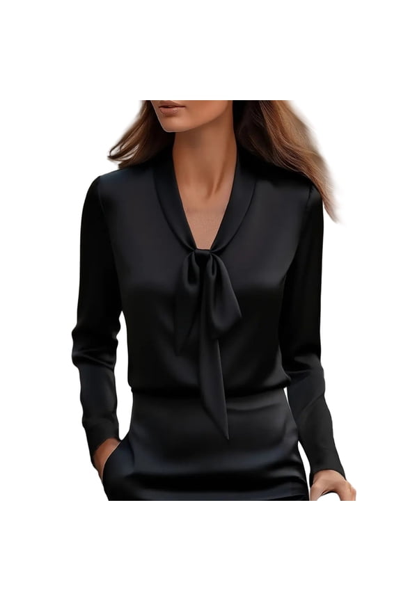 Womens Business Blouse Bow Tie Neck Long Sleeve Office Shirt Professional Work Attire Tops L Size Black