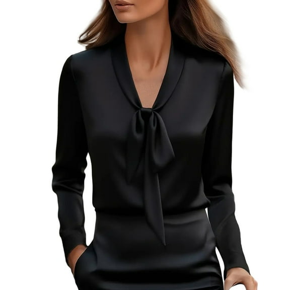 Breezora Womens Business Blouse Bow Tie Neck Long Sleeve Office Shirt Professional Work Attire Tops S Size Black