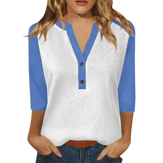 Breezora Womens Casual Summer Printed 3 4 Sleeve Button Down Blouse Raglan Shirt with Color Block Design L Size Sky Blue
