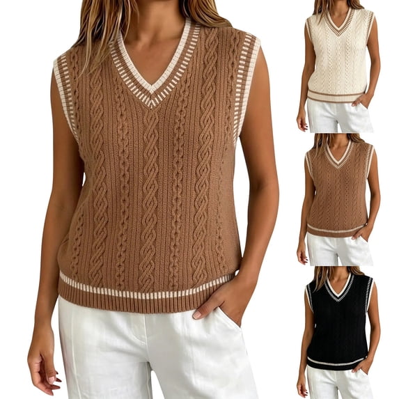 Breezora Womens College Style Fall Cable Knit V Neck Sweater Vest Ribbed Cropped Loose Sleeveless Layering Top