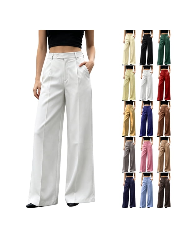 Womens High Waisted Wide Leg Work Trousers Formal Office Suit Pants Elegant Full Length Straight Leg Career Apparel with Half Elastic Waist