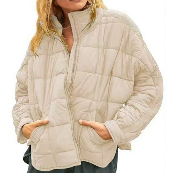 Breezora Womens Lightweight Packable Puffer Jacket with Zip Warm Winter Short Coat L Size Beige