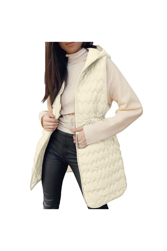 Womens Long Puffer Vest Quilted Hooded with Button Down Sleeveless Jacket Casual Zip Up Padded for Winter Coat and Layering XXL Size Beige