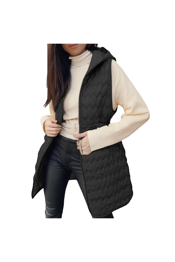 Womens Long Puffer Vest Quilted Hooded with Button Down Sleeveless Jacket Casual Zip Up Padded for Winter Coat and Layering XXL Size Black