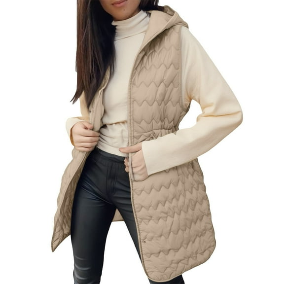 Breezora Womens Long Puffer Vest Quilted Hooded with Button Down Sleeveless Jacket Casual Zip Up Padded for Winter Coat and Layering XXXL Size Khaki
