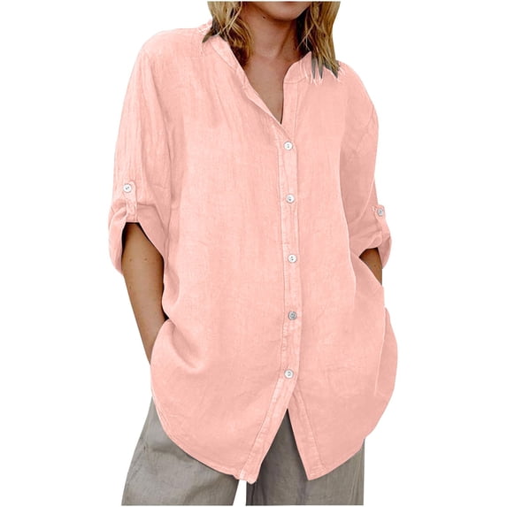 Breezora Womens Long Sleeve Linen Shirt Button Down Collared Blouse Relaxed Fit Breathable Comfortable Work Casual Wear S Size Rose Gold