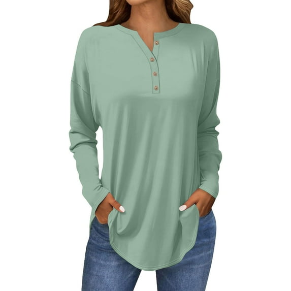 Breezora Womens Long Sleeve V Neck Button Down Shirt with Dropped Shoulder and Rounded Hem M Size Light Green