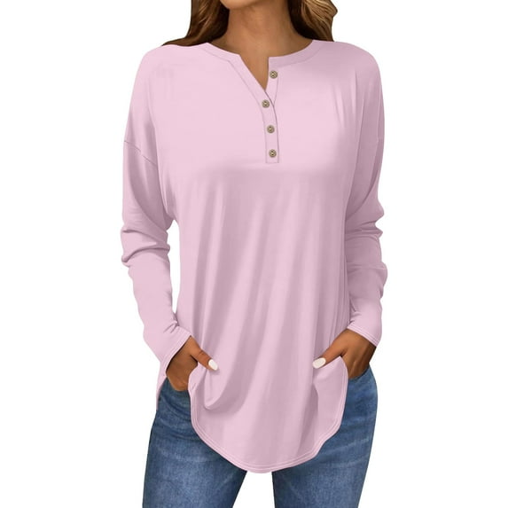 Breezora Womens Long Sleeve V Neck Button Down Shirt with Dropped Shoulder and Rounded Hem M Size Pink