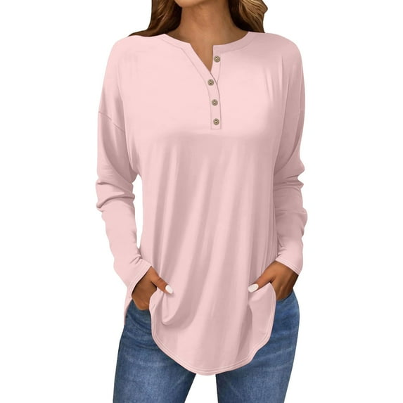 Breezora Womens Long Sleeve V Neck Button Down Shirt with Dropped Shoulder and Rounded Hem S Size Light Pink