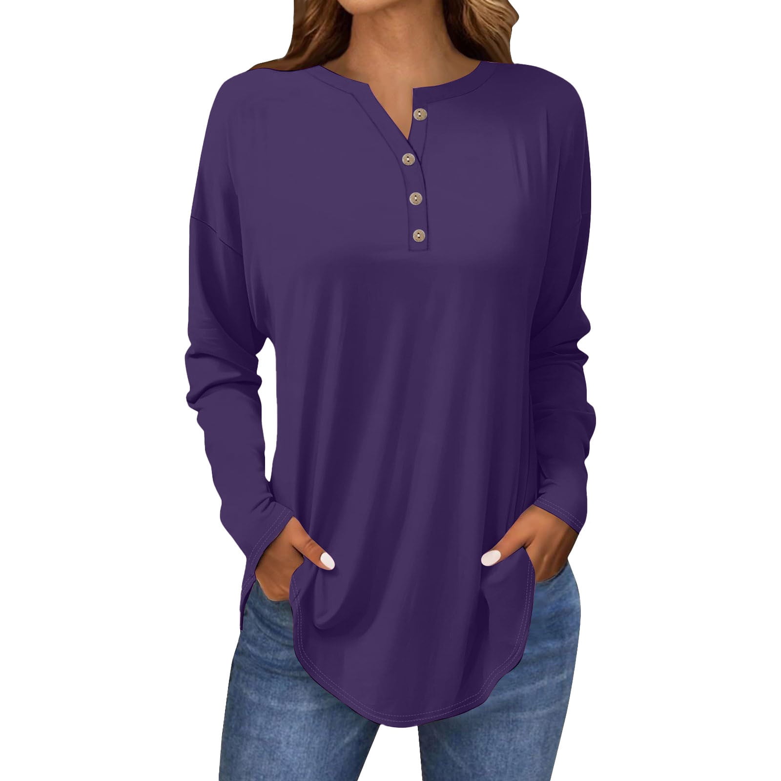 Breezora Womens Long Sleeve V Neck Button Down Shirt with Dropped ...