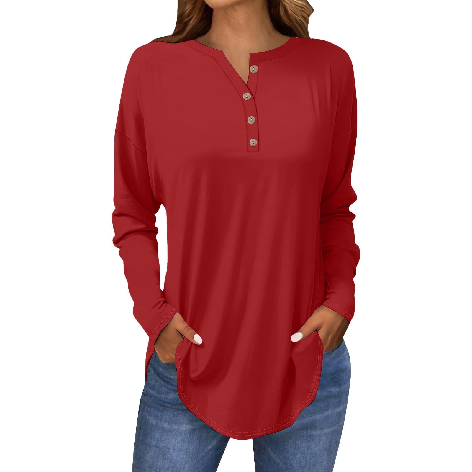 Red Rounded Shirt Breezora Womens Long Sleeve V Neck Button Down Shirt with Dropped ...