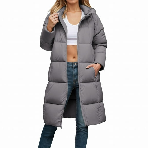 Breezora Womens Longline Hooded Cotton Jacket with Pockets Casual Zipper Front Coat for Everyday Wear L Size Grey