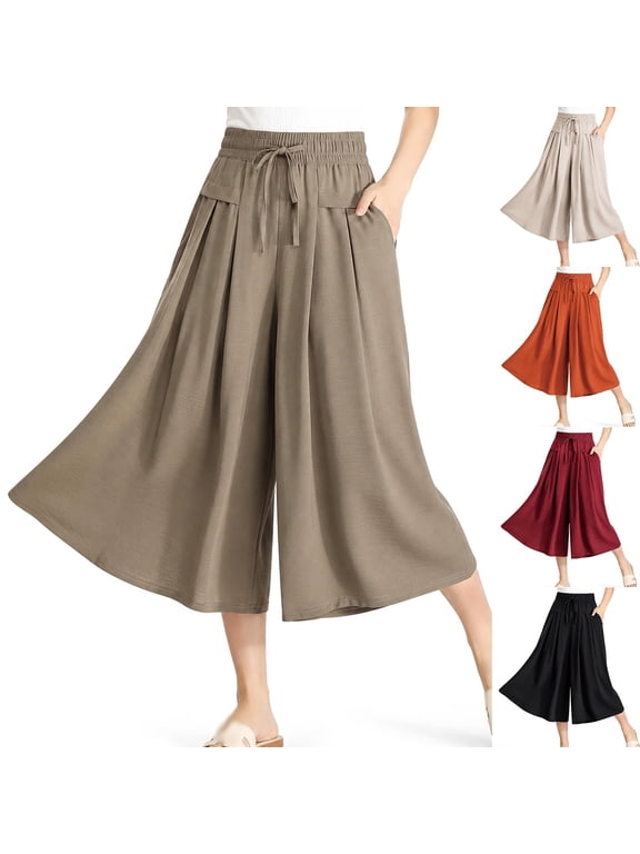 Womens Loose Fit Pull On Culottes Summer Casual Pants Comfortable Stylish Trousers for Daily Office and Vacation