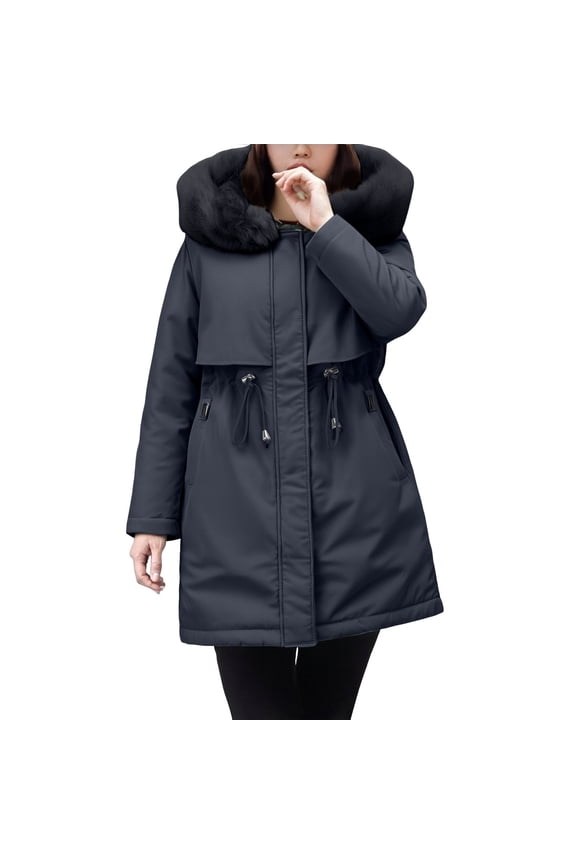 Womens Mid Length Parka Style Cotton Jacket with Faux Fur Trim Waist Defining Winter Coat L Size Black