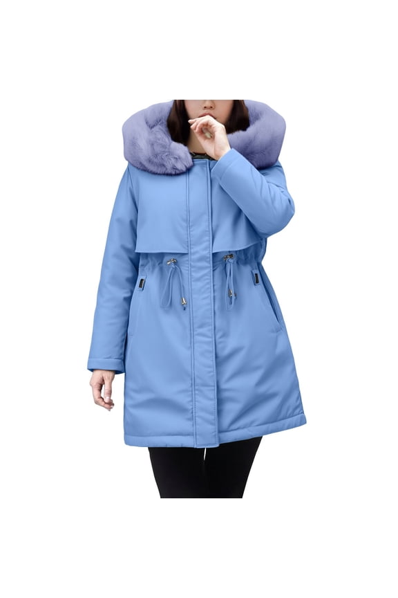 Womens Mid Length Parka Style Cotton Jacket with Faux Fur Trim Waist Defining Winter Coat XXL Size Blue