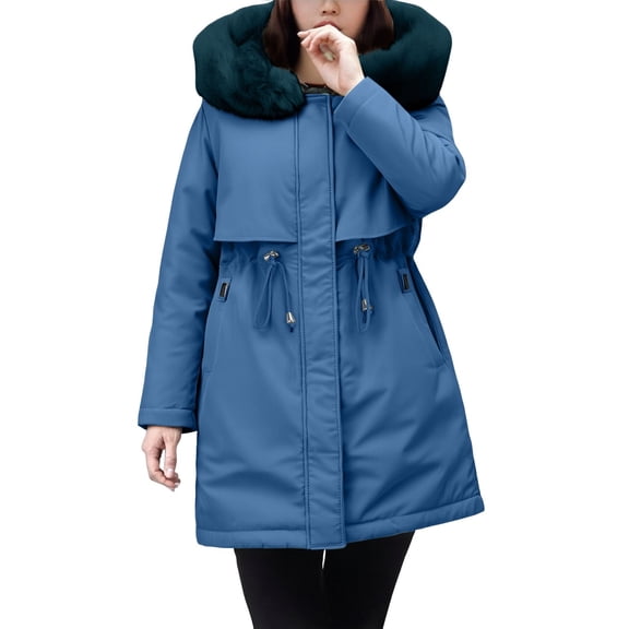 Breezora Womens Mid Length Parka Style Cotton Jacket with Faux Fur Trim Waist Defining Winter Coat XXL Size Dark Blue