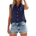 thumbnail image 1 of Breezora Womens Oversized Button Down Shirt Sleeveless Collared Top Lightweight Cotton Linen Blend Work Casual Summer Blouse L Size Dark Blue, 1 of 8