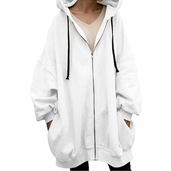 Breezora Womens Oversized Full Zip Hoodie Long Sleeve Loose Warm Sweatshirt Fall Winter Pullover With Pockets XXXXL Size White