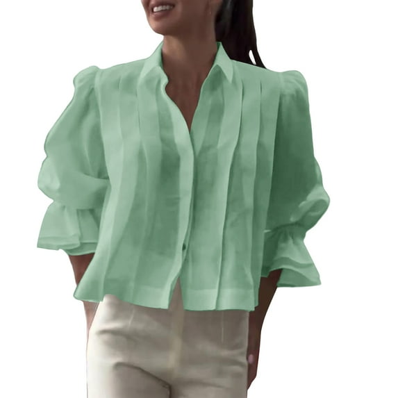 Breezora Womens Puff Sleeve Blouse Relaxed Fit Button Down Top Breathable Linen Blend Shirt with Elegant Lapel Collar Design L Size Mint Green