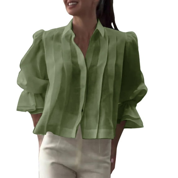 Breezora Womens Puff Sleeve Blouse Relaxed Fit Button Down Top Breathable Linen Blend Shirt with Elegant Lapel Collar Design XXL Size Green