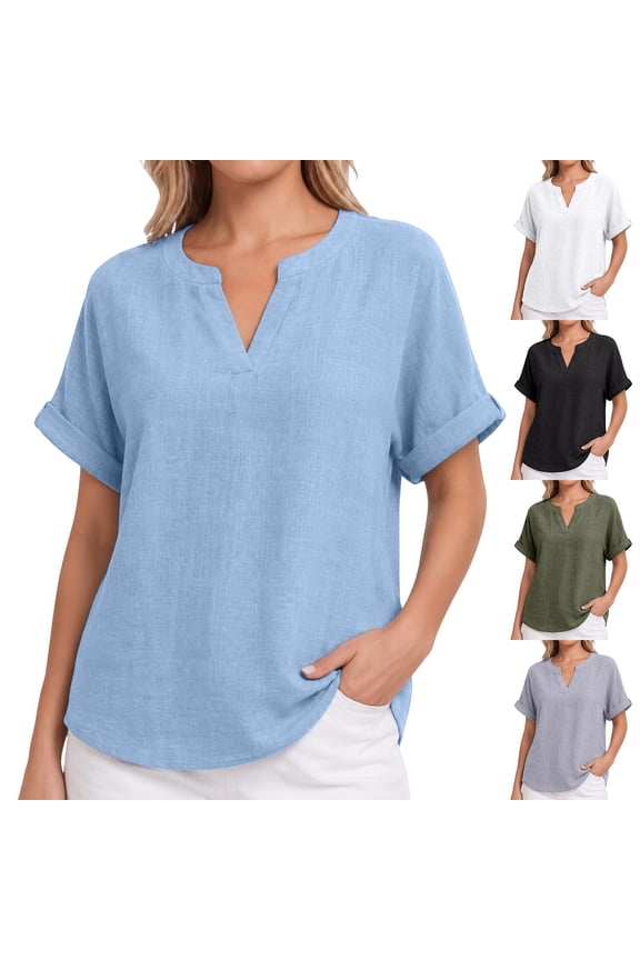 Womens Short Sleeve V Neck T-Shirts Casual Cotton Linen Blend Tops with Pockets Oversized Relaxed Fit Summer Blouses