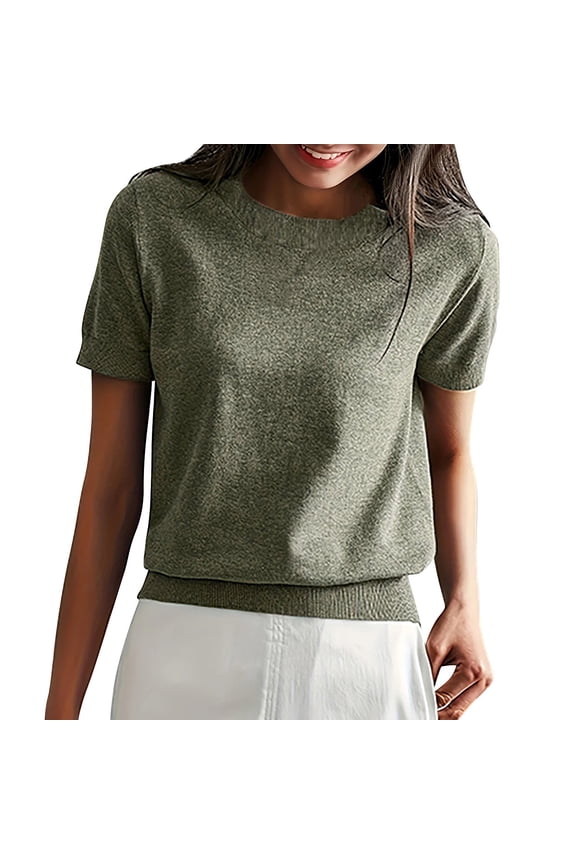 Womens Soft Stretch Round Neck Short Sleeve T Shirt Solid Color Easy Care Comfort Fit Top XL Size Blackish Green