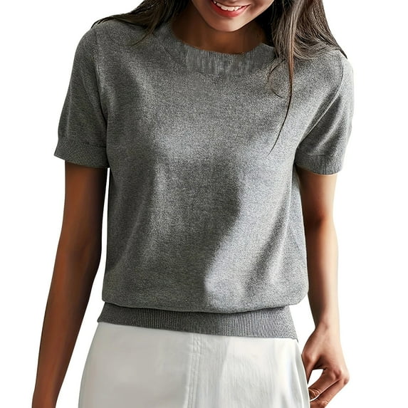 Breezora Womens Soft Stretch Round Neck Short Sleeve T Shirt Solid Color Easy Care Comfort Fit Top XXL Size Grey