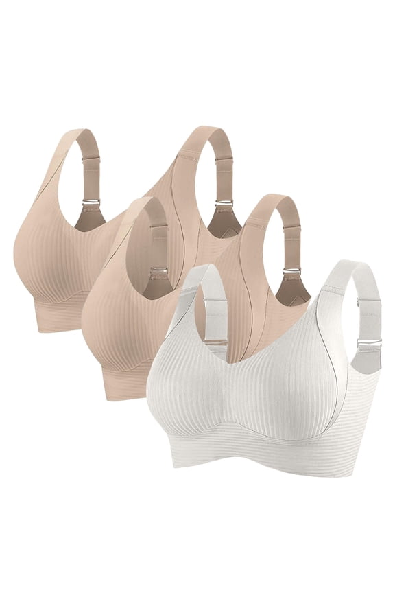 Womens Supportive Wireless Bras 3 Pack Ribbed Fabric Adjustable Bands Breathable Comfort Wear S Size White