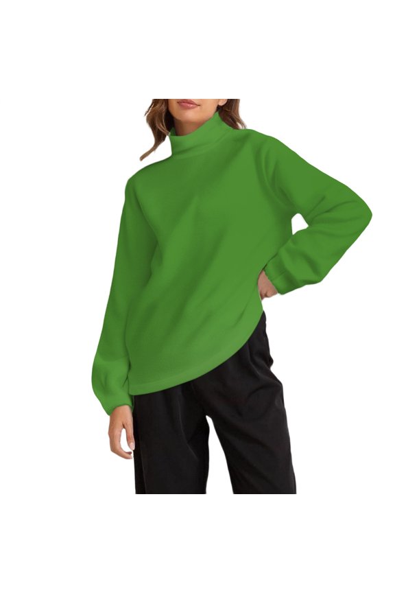 Womens Thermal Mock Neck Jumper Winter Fleece Back Crew Pullover Casual Long Sleeve Lounge Essential L Size Green