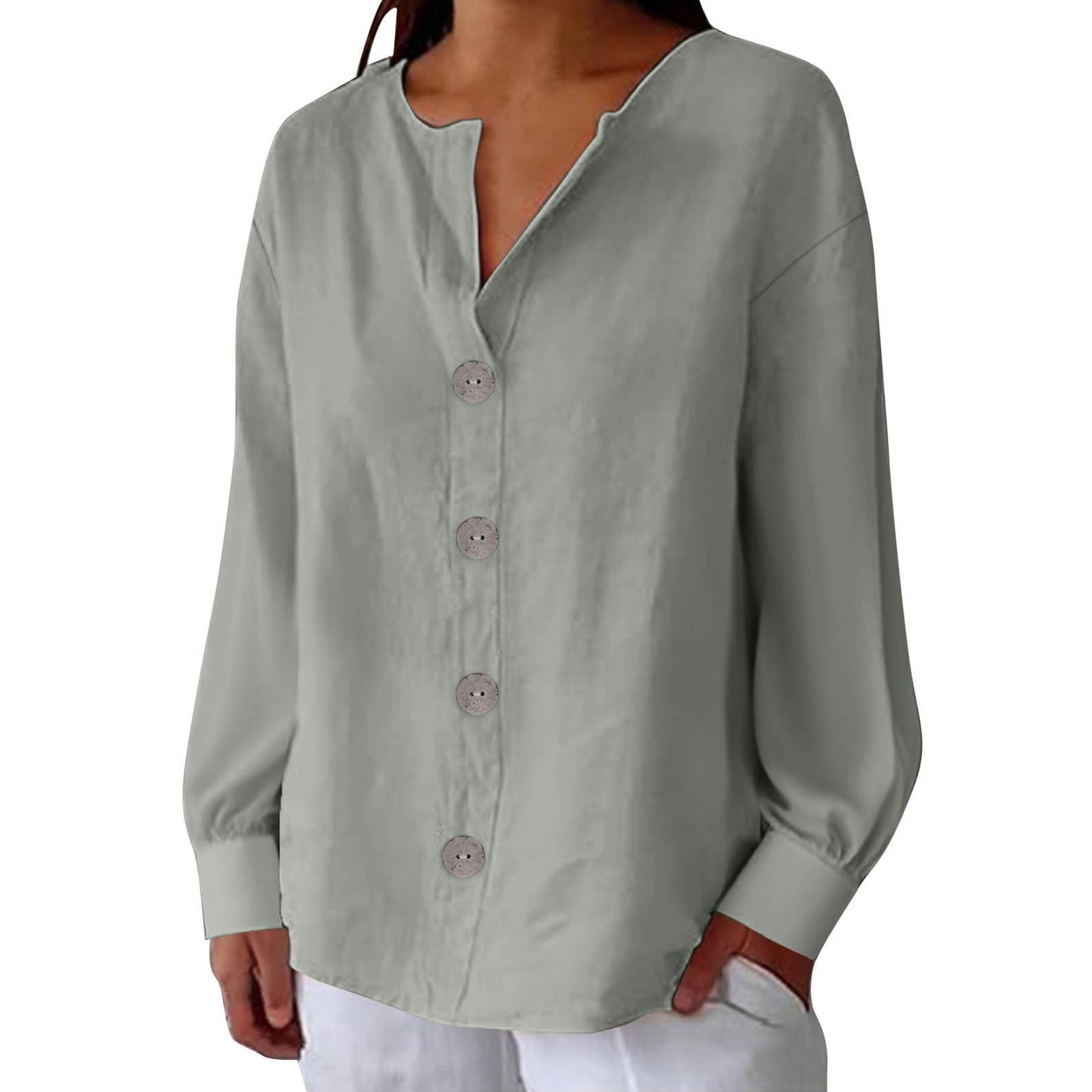 Women V Neck Button Down Shirt Dress Side Slit Long Sleeve Sexy Casual White Blouse Tops